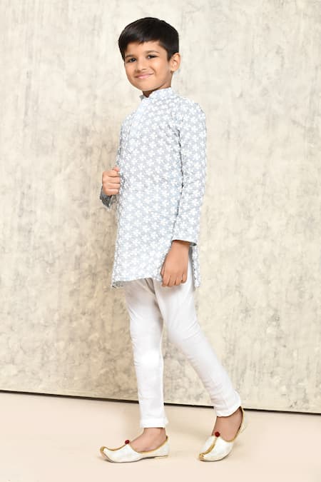 Shop_Petite Pomme_Grey Cotton Embroidery Floral Chikankari Kurta _Online_at_Aza_Fashions