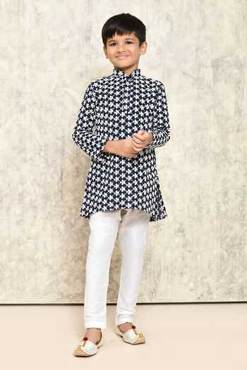 Buy_Petite Pomme_Blue Cotton Embroidery Floral Jaal Kurta _Online_at_Aza_Fashions