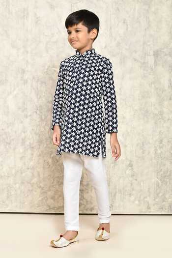 Shop_Petite Pomme_Blue Cotton Embroidery Floral Jaal Kurta _Online_at_Aza_Fashions
