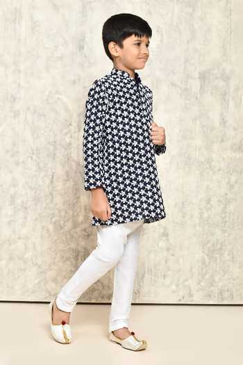 Petite Pomme_Blue Cotton Embroidery Floral Jaal Kurta _at_Aza_Fashions