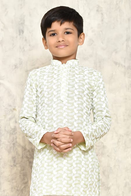 Petite Pomme_Green Cotton Embroidery Chikankari Kurta _Online_at_Aza_Fashions