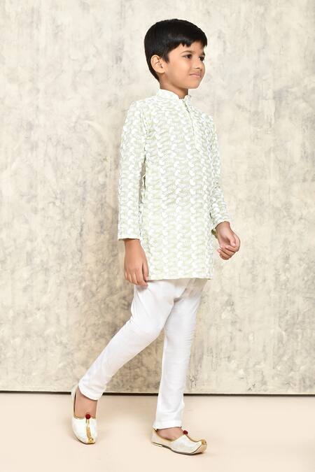 Petite Pomme_Green Cotton Embroidery Chikankari Kurta _at_Aza_Fashions