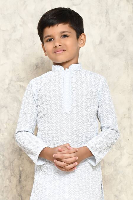 Petite Pomme_Sky Blue Cotton Embroidery Chikankari Kurta _Online_at_Aza_Fashions