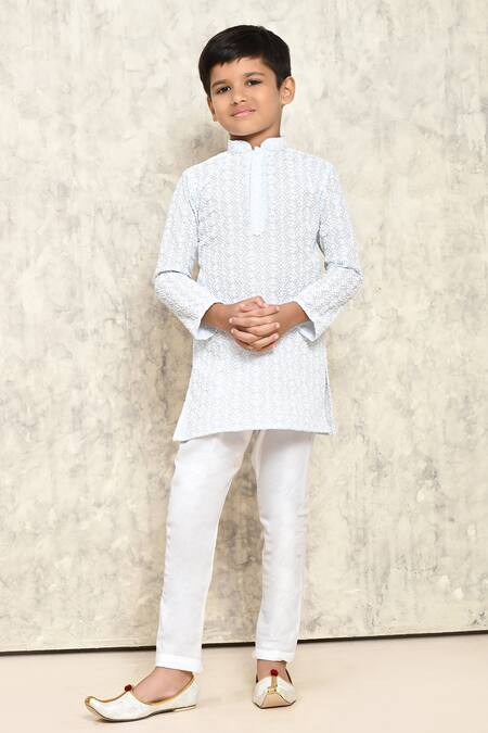Buy_Petite Pomme_Sky Blue Cotton Embroidery Chikankari Kurta _Online_at_Aza_Fashions