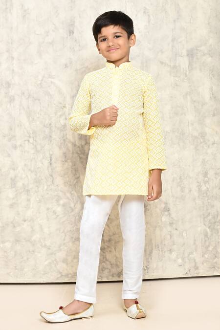Petite Pomme_Yellow Cotton Embroidery Floral Vine Chikankari Kurta _Online_at_Aza_Fashions