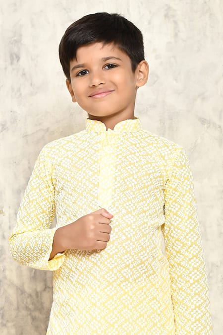 Buy_Petite Pomme_Yellow Cotton Embroidery Floral Vine Chikankari Kurta _Online_at_Aza_Fashions