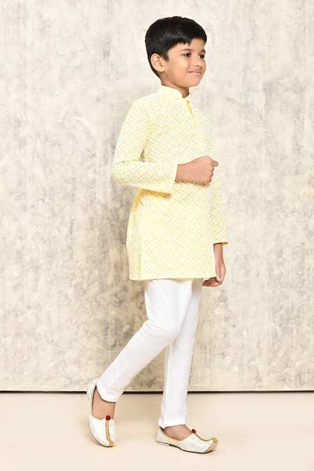 Petite Pomme_Yellow Cotton Embroidery Floral Vine Chikankari Kurta _at_Aza_Fashions