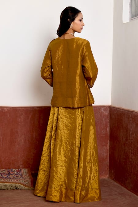 Shop Shorshe Clothing Gold Tissue, Linen Zari, Embroidery Round Neck Short Kurta And Gharara Set at Aza Fashions Shop_Shorshe Clothing_Gold Tissue, Linen Zari, Embroidery Round Neck Short Kurta And Gharara Set _at_Aza_Fashions