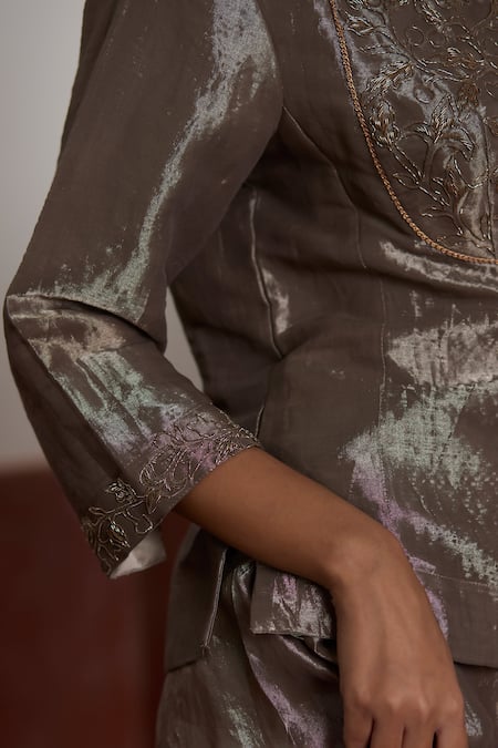 Shorshe Clothing_Silver Tissue, Linen Zari, Embroidery Round Zardozi Short Kurta And Gharara Set _Online_at_Aza_Fashions