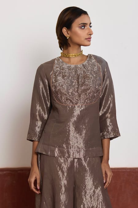 Shop_Shorshe Clothing_Silver Tissue, Linen Zari, Embroidery Round Zardozi Short Kurta And Gharara Set _Online_at_Aza_Fashions