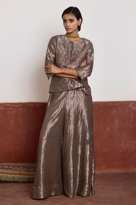 Shorshe Clothing_Silver Tissue, Linen Zari, Embroidery Round Zardozi Short Kurta And Gharara Set _at_Aza_Fashions