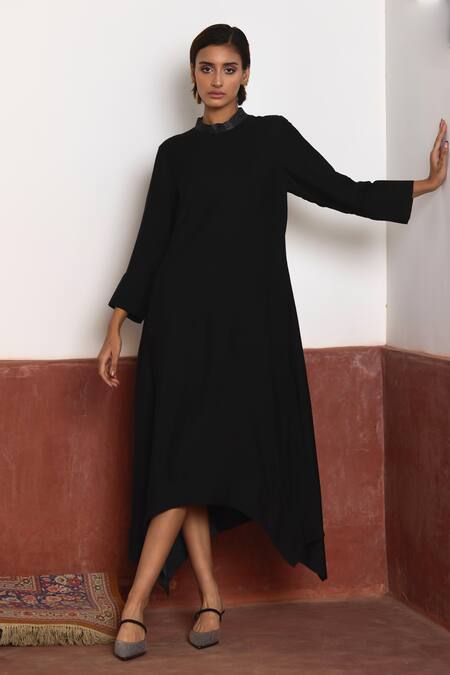 Shop_Shorshe Clothing_Black Silk, Brocade Embroidery Bandeau Asymmetric Dress With Banarasi Jacket _Online_at_Aza_Fashions