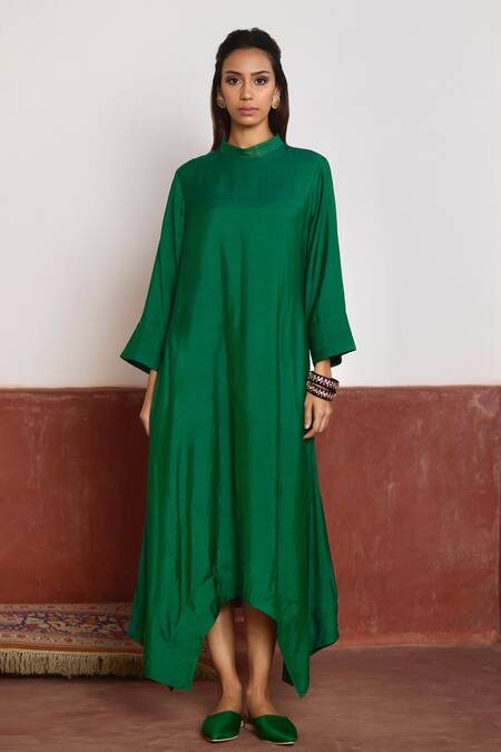 Buy_Shorshe Clothing_Green Silk, Brocade Zari, Embroidery Bandeau Asymmetric Dress And Banarasi Jacket _Online_at_Aza_Fashions