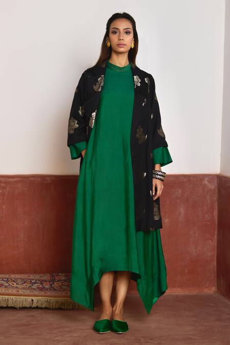 Buy_Shorshe Clothing_Green Silk, Brocade Zari, Embroidery Bandeau Asymmetric Dress And Banarasi Jacket 