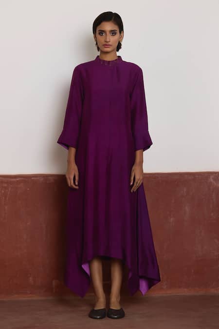 Shorshe Clothing_Purple Silk, Brocade Zari Bandeau Neck, Asymmetric Floral Woven Jacket Dress _Online_at_Aza_Fashions