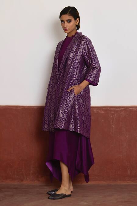 Buy_Shorshe Clothing_Purple Silk, Brocade Zari Bandeau Neck, Asymmetric Floral Woven Jacket Dress _Online_at_Aza_Fashions