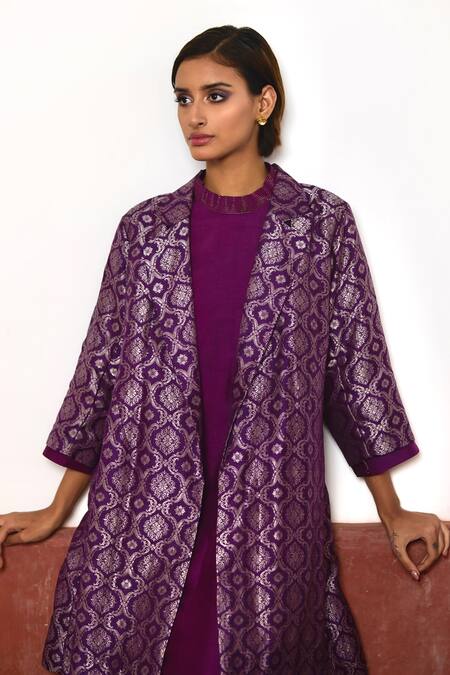 Shop_Shorshe Clothing_Purple Silk, Brocade Zari Bandeau Neck, Asymmetric Floral Woven Jacket Dress _Online_at_Aza_Fashions