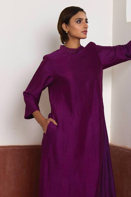 Buy_Shorshe Clothing_Purple Silk, Brocade Zari Bandeau Neck, Asymmetric Floral Woven Jacket Dress 