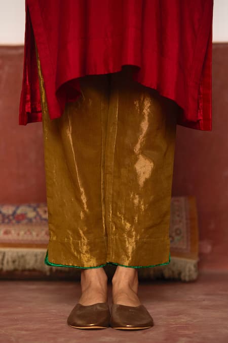 Shorshe Clothing_Red Silk, Handloom Cotton V-neck Pure Jhabla Kurta And Cigarette Pant Set _Online_at_Aza_Fashions
