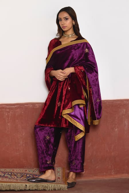 Shop_Shorshe Clothing_Red Velvet Embroidery V-neck Kurta And Salwar Set _Online_at_Aza_Fashions