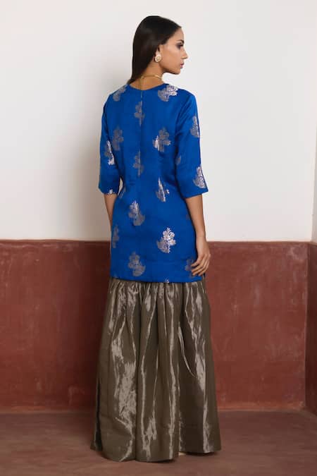 Shop Shorshe Clothing Blue Brocade, Handloom Cotton, Silk Floral Banarasi Kurta And Sharara Set at Aza Fashions Shop_Shorshe Clothing_Blue Brocade, Handloom Cotton, Silk Floral Banarasi Kurta And Sharara Set _at_Aza_Fashions