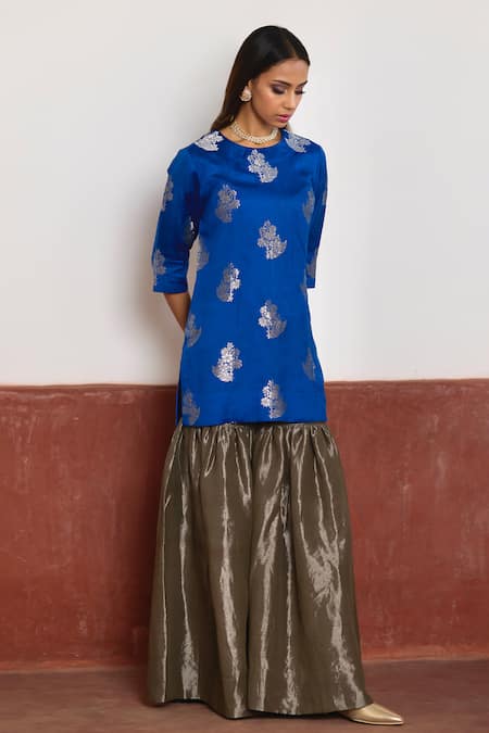 Shorshe Clothing Blue Brocade, Handloom Cotton, Silk Floral Banarasi Kurta And Sharara Set Online at Aza Fashions Shorshe Clothing_Blue Brocade, Handloom Cotton, Silk Floral Banarasi Kurta And Sharara Set _Online_at_Aza_Fashions