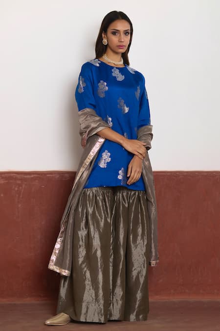 Shorshe Clothing Blue Brocade, Handloom Cotton, Silk Floral Banarasi Kurta And Sharara Set at Aza Fashions Shorshe Clothing_Blue Brocade, Handloom Cotton, Silk Floral Banarasi Kurta And Sharara Set _at_Aza_Fashions