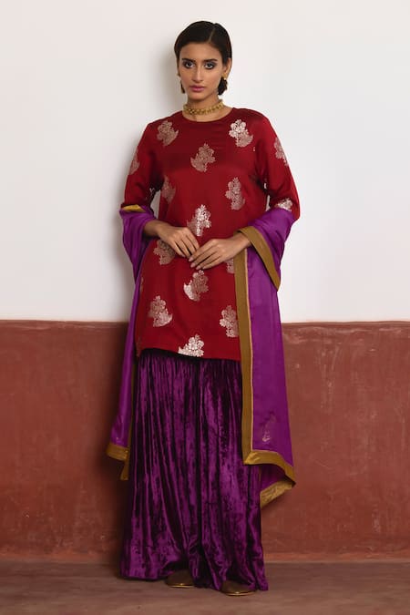 Shorshe Clothing Floral Brocade Kurta & Velvet Sharara Set 