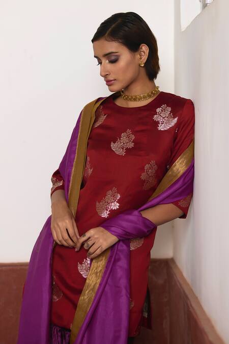 Shorshe Clothing_Red Brocade, Velvet, Satin Embroidery Round Neck Floral Kurta And Sharara Set_Online_at_Aza_Fashions