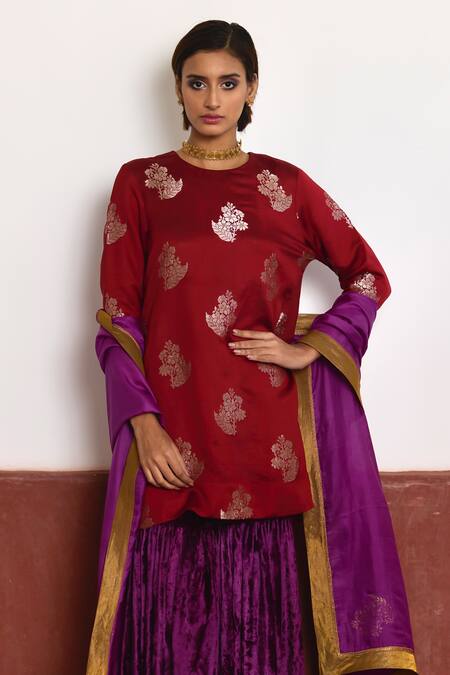 Buy_Shorshe Clothing_Red Brocade, Velvet, Satin Embroidery Round Neck Floral Kurta And Sharara Set_Online_at_Aza_Fashions