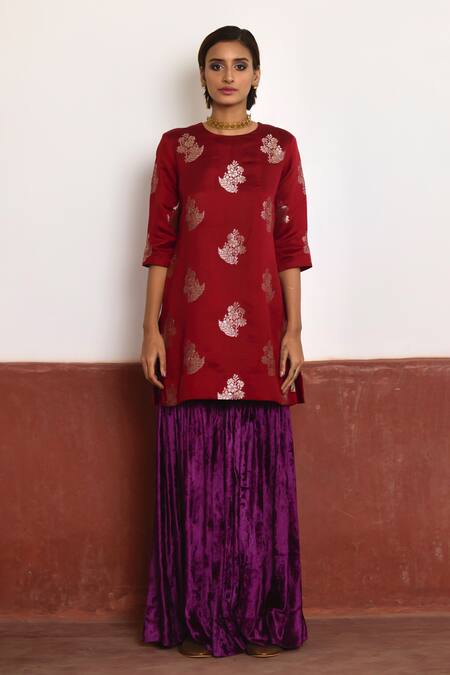 Shop_Shorshe Clothing_Red Brocade, Velvet, Satin Embroidery Round Neck Floral Kurta And Sharara Set_Online_at_Aza_Fashions