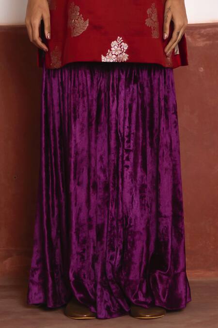 Shorshe Clothing_Red Brocade, Velvet, Satin Embroidery Round Neck Floral Kurta And Sharara Set_at_Aza_Fashions