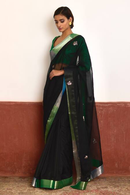 Shorshe Clothing_Green Silk Embroidery Scoop Neck Cuff Pure Blouse _Online_at_Aza_Fashions