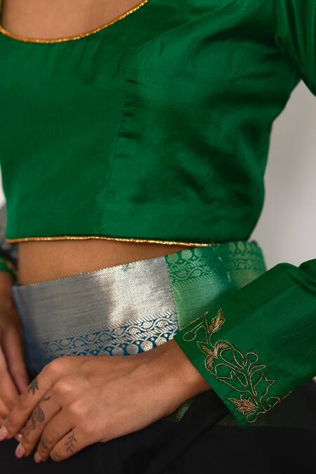 Buy_Shorshe Clothing_Green Silk Embroidery Scoop Neck Cuff Pure Blouse _Online_at_Aza_Fashions
