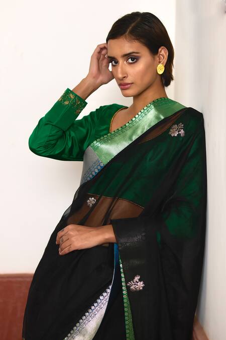 Shop_Shorshe Clothing_Green Silk Embroidery Scoop Neck Cuff Pure Blouse _Online_at_Aza_Fashions