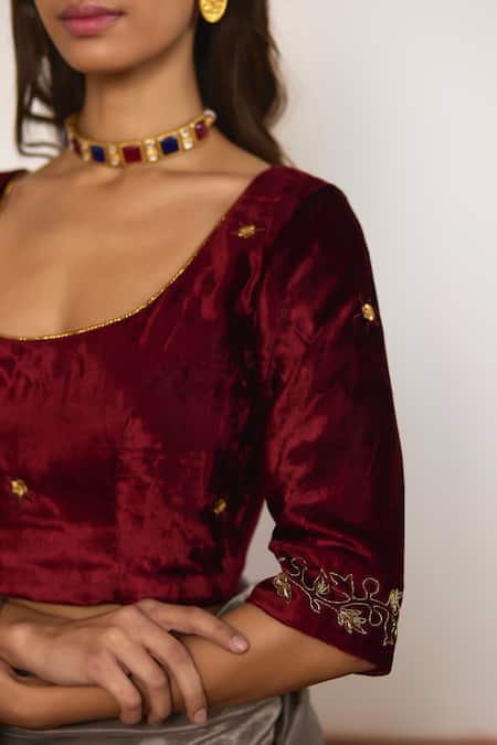 Shorshe Clothing_Red Velvet, Linen Embroidery Scoop Neck Blouse _Online_at_Aza_Fashions