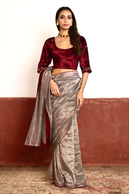 Buy_Shorshe Clothing_Red Velvet, Linen Embroidery Scoop Neck Blouse _Online_at_Aza_Fashions