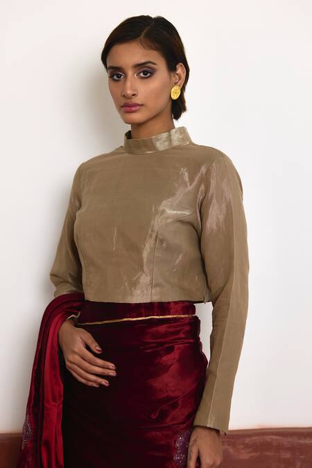 Shorshe Clothing_Grey Handloom Cotton Polo Collar Tissue Neck Blouse _Online_at_Aza_Fashions