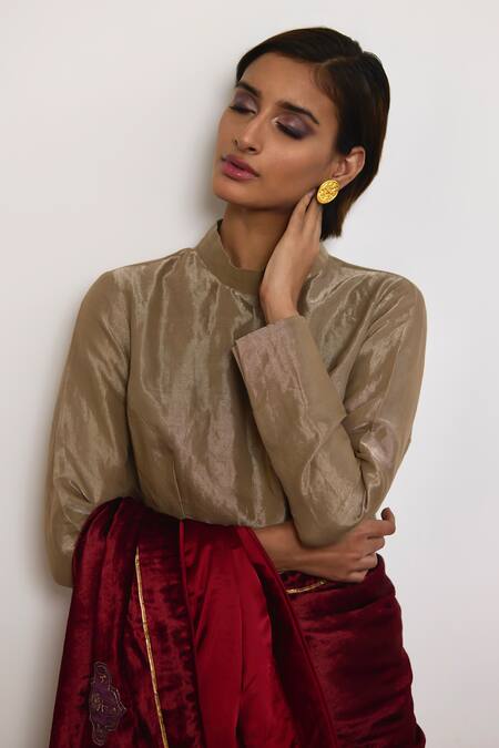 Shop_Shorshe Clothing_Grey Handloom Cotton Polo Collar Tissue Neck Blouse _Online_at_Aza_Fashions