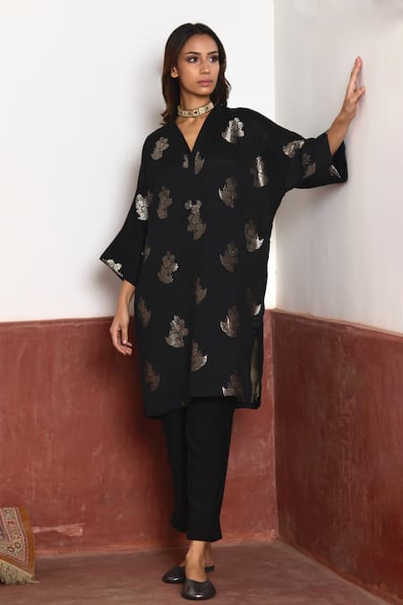 Shop Shorshe Clothing Black Brocade, Cotton, Silk Embroidery V-neck Floral Woven Kaftan And Pant Set Online at Aza Fashions Shop_Shorshe Clothing_Black Brocade, Cotton, Silk Embroidery V-neck Floral Woven Kaftan And Pant Set _Online_at_Aza_Fashions