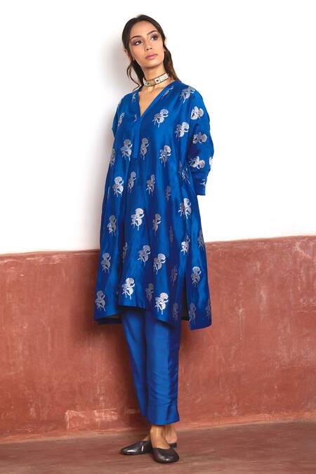 Shorshe Clothing Blue Brocade, Cotton, Silk Embroidery Floral Woven Kaftan And Cigarette Pant Set Online at Aza Fashions Shorshe Clothing_Blue Brocade, Cotton, Silk Embroidery Floral Woven Kaftan And Cigarette Pant Set _Online_at_Aza_Fashions