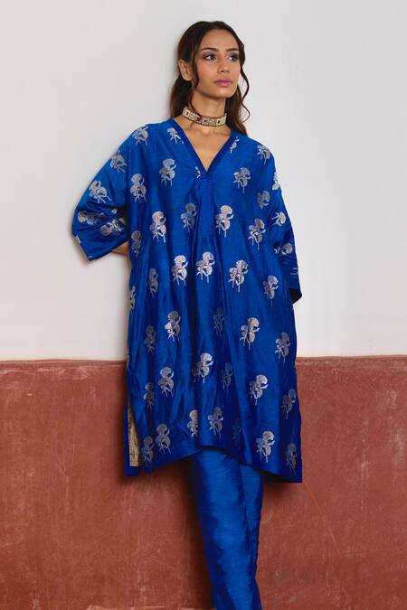 Shop Shorshe Clothing Blue Brocade, Cotton, Silk Embroidery Floral Woven Kaftan And Cigarette Pant Set Online at Aza Fashions Shop_Shorshe Clothing_Blue Brocade, Cotton, Silk Embroidery Floral Woven Kaftan And Cigarette Pant Set _Online_at_Aza_Fashions