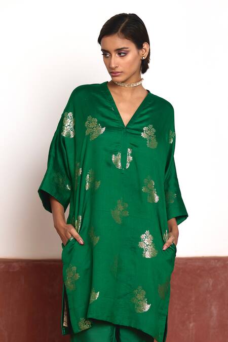 Shorshe Clothing Green Brocade, Cotton, Silk Embroidery Flower Woven Kaftan And Cigarette Pant Set Online at Aza Fashions Shorshe Clothing_Green Brocade, Cotton, Silk Embroidery Flower Woven Kaftan And Cigarette Pant Set _Online_at_Aza_Fashions