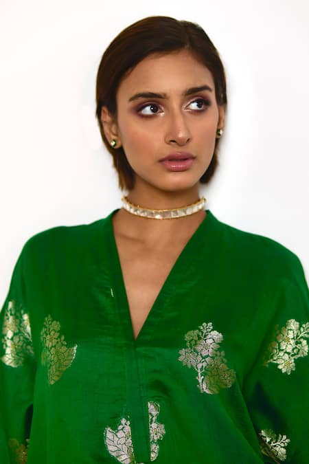 Shop Shorshe Clothing Green Brocade, Cotton, Silk Embroidery Flower Woven Kaftan And Cigarette Pant Set Online at Aza Fashions Shop_Shorshe Clothing_Green Brocade, Cotton, Silk Embroidery Flower Woven Kaftan And Cigarette Pant Set _Online_at_Aza_Fashions
