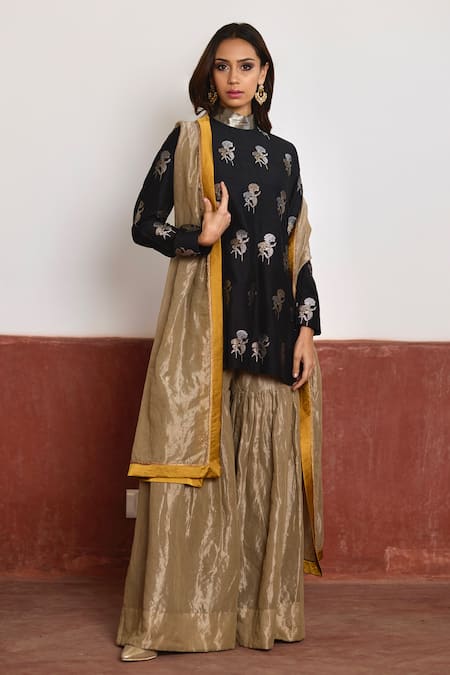 Shorshe Clothing Black Kurta Brocade Woven Floral Polo Neck And Sharara Set 