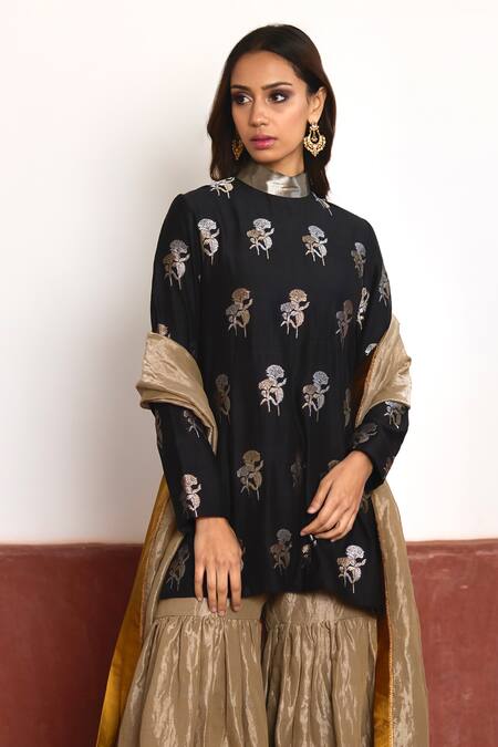 Shorshe Clothing_Black Brocade, Tissue, Handloom Cotton Floral Woven Neck Kurta And Sharara Set _Online_at_Aza_Fashions