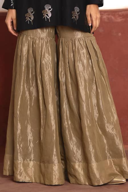 Shorshe Clothing_Black Brocade, Tissue, Handloom Cotton Floral Woven Neck Kurta And Sharara Set _at_Aza_Fashions