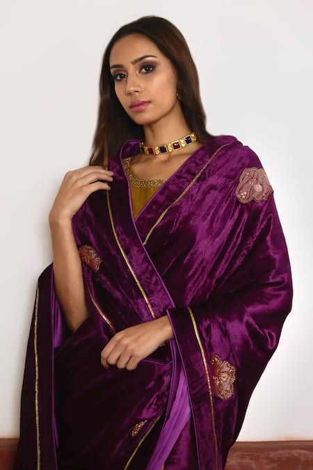 Shorshe Clothing_Purple Velvet, Tissue Sequins, Beads Color Block Embroidered Saree _Online_at_Aza_Fashions