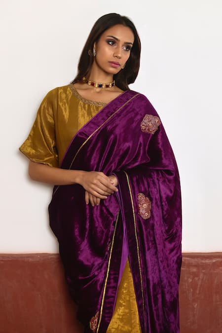 Buy_Shorshe Clothing_Purple Velvet, Tissue Sequins, Beads Color Block Embroidered Saree _Online_at_Aza_Fashions