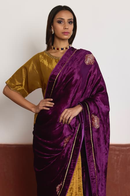 Shop_Shorshe Clothing_Purple Velvet, Tissue Sequins, Beads Color Block Embroidered Saree _Online_at_Aza_Fashions